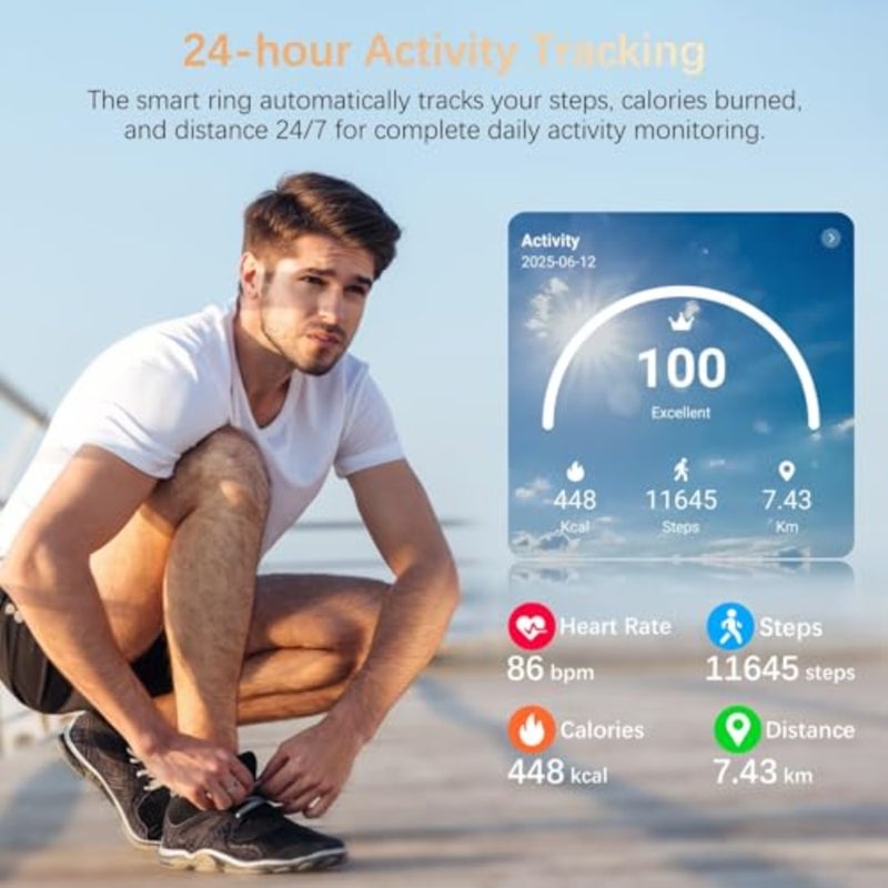 Health tracker ring for daily wellness monitoring, titanium alloy, black, waterproof with heart rate, blood oxygen, HRV, stress and sleep tracking, step counter, no subscription required, size 11 - Image 5