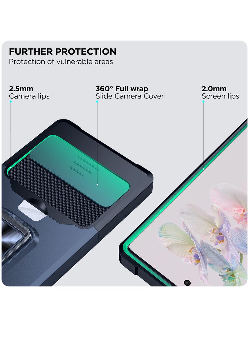 Google Pixel 6 Pro Case with Slide Camera Cover and Card Holder Slot, Wireless Charging Compatible, 360° Ring Kickstand Wallet Case (Blue) for Google Pixel 6 Pro 5G.