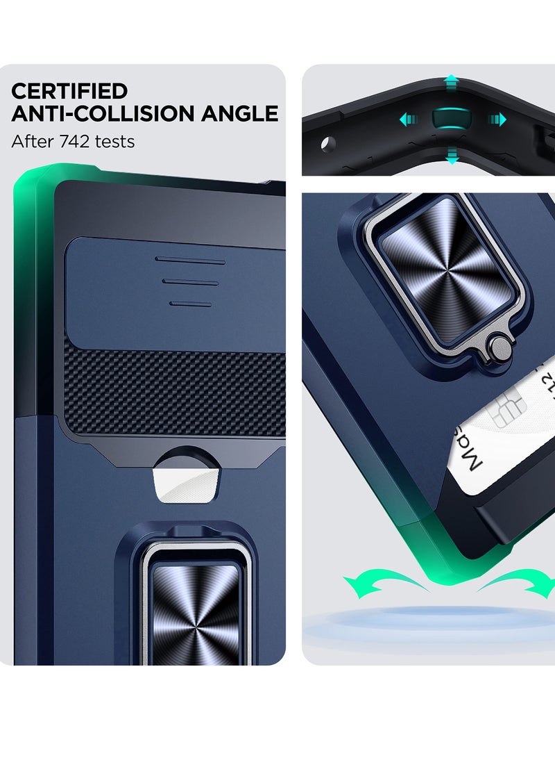 Google Pixel 6 Pro Case with Slide Camera Cover and Card Holder Slot, Wireless Charging Compatible, 360° Ring Kickstand Wallet Case (Blue) for Google Pixel 6 Pro 5G.