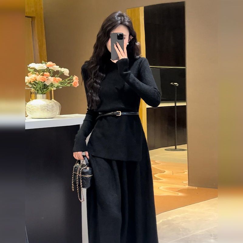 Elegant Xiaoxiang Hepburn Style Knitted Two-Piece Dress 2024 New Womens Clothing Early Autumn Tea Style Wear with a Complete Set of Outer Wear Black suit belt (quality assurance)