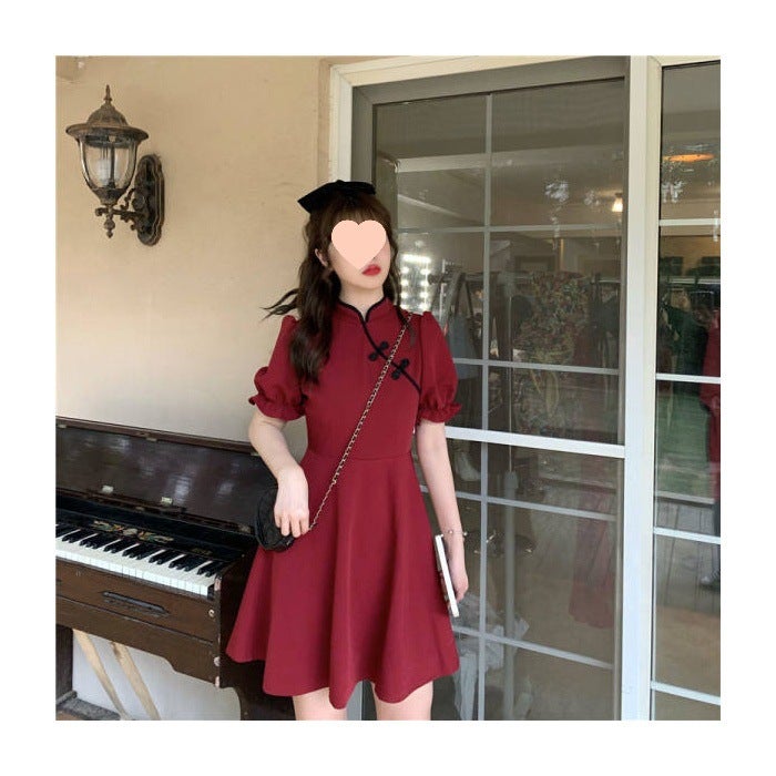 Red Design Sense Buckle Skirt Modified Cheongsam Vintage Tight Waist Slimming Tea Break French Dress Summer