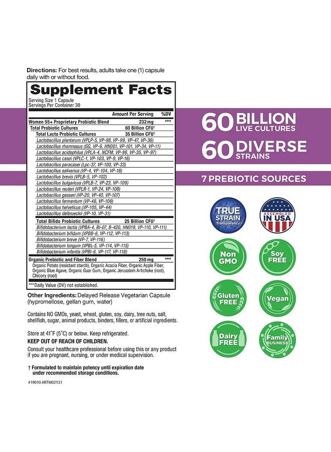 Vital Planet Vital Flora Women 55+ Daily Probiotic Supplement With 60 Billion Cultures And 60 Strains High Potency And Strain Diversity Probiotics For Women With Organic Prebiotics 30 Capsules - Image 3