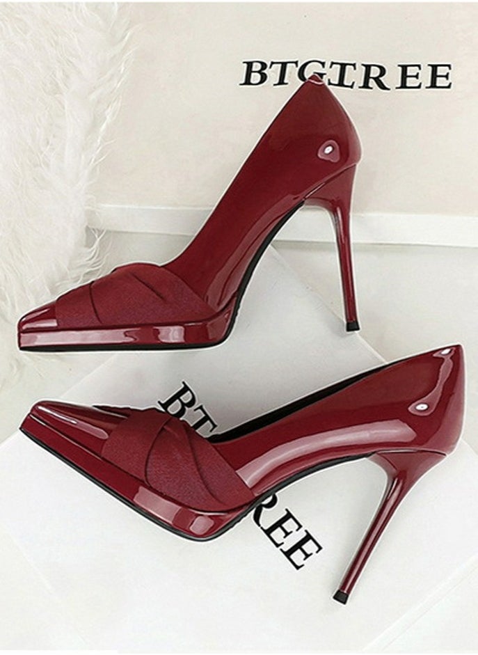 BIGTREE Women's Patent Leather Closed Pointed Toe Stiletto Pump Elegant High Heels Wine Red 10.5CM  - Image 3