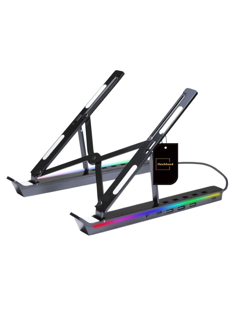 Flash Hawk - RGB Aluminum Laptop Stand with USB-A 3.0 and USB-C 2.0 Hub - Image 1