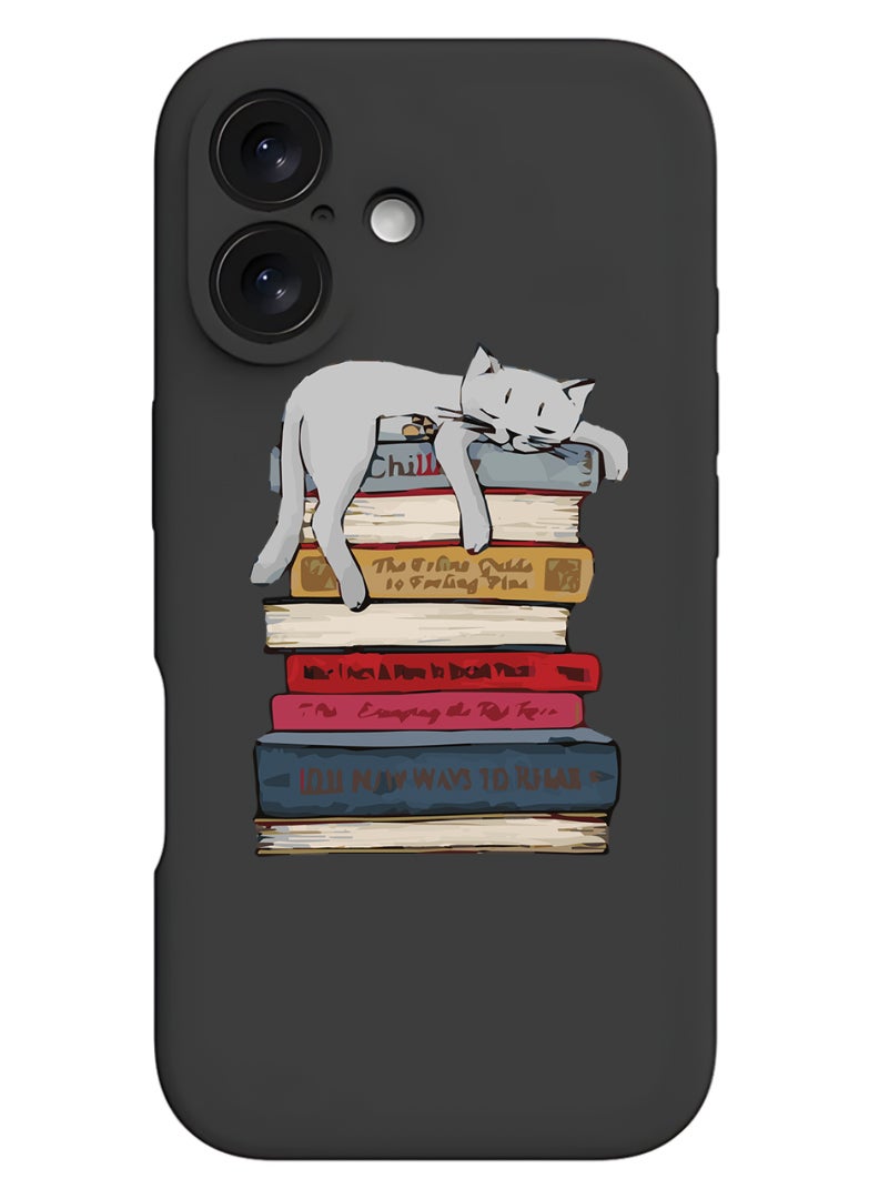 Theodor iPhone 16 Black Protective Slim Fit Case Liquid Silicone Cover with Full Body Protection Anti-Scratch Shockproof Case For iPhone - Cat on books - Image 1