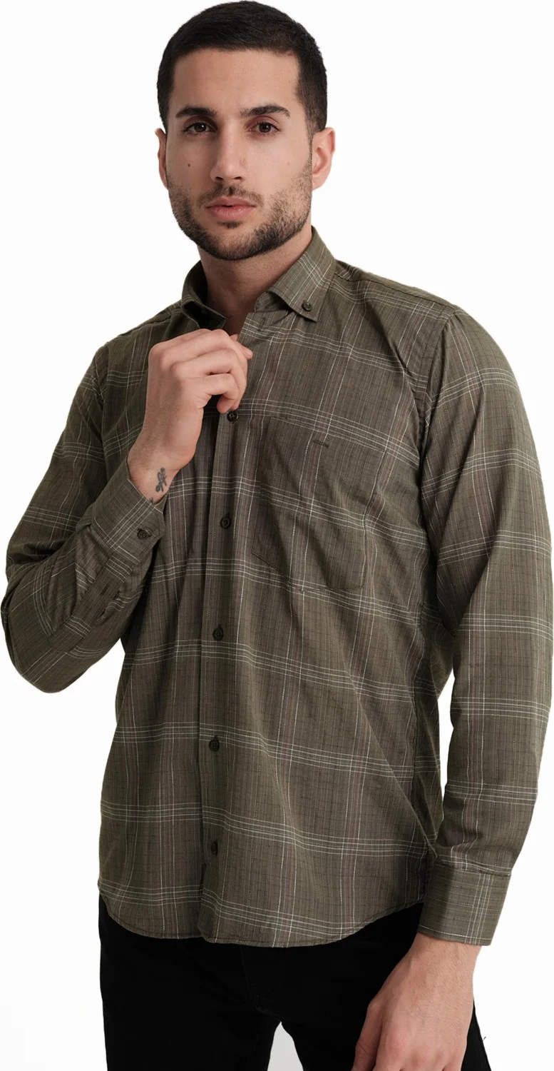فاريتا Men's Khaki Long Sleeve Cotton Shirt Classic Cut with Pockets