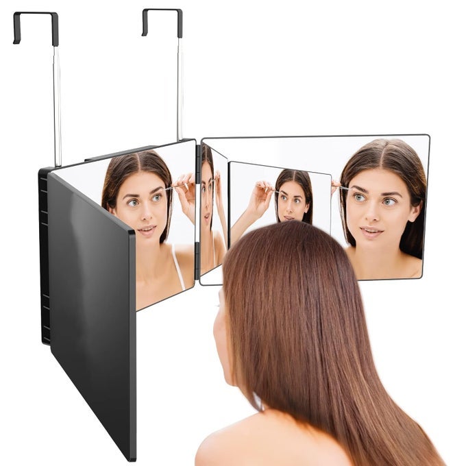 3PANEL ROTATING SHOWER MIRROR FOLDABLE CAR MIRROR BATHROOM MAKEUP MIRROR PORTABLE FOLDING MAKEUP MIRROR TRIFOLD MAKEUP MIRROR WITH TELESCOPING HOOKS FOR EASY INSTALLATION