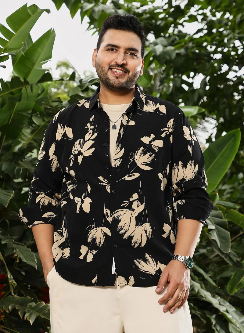 Instafab Plus Instafab Plus Men's Black & Beige Contrast-Petalia Imprint Shirt | Spread Collar , Long Cuffed Sleeves , Button Closure , Curved Hemline | Floral-Print Plain Polyester For Street & Casual Wear