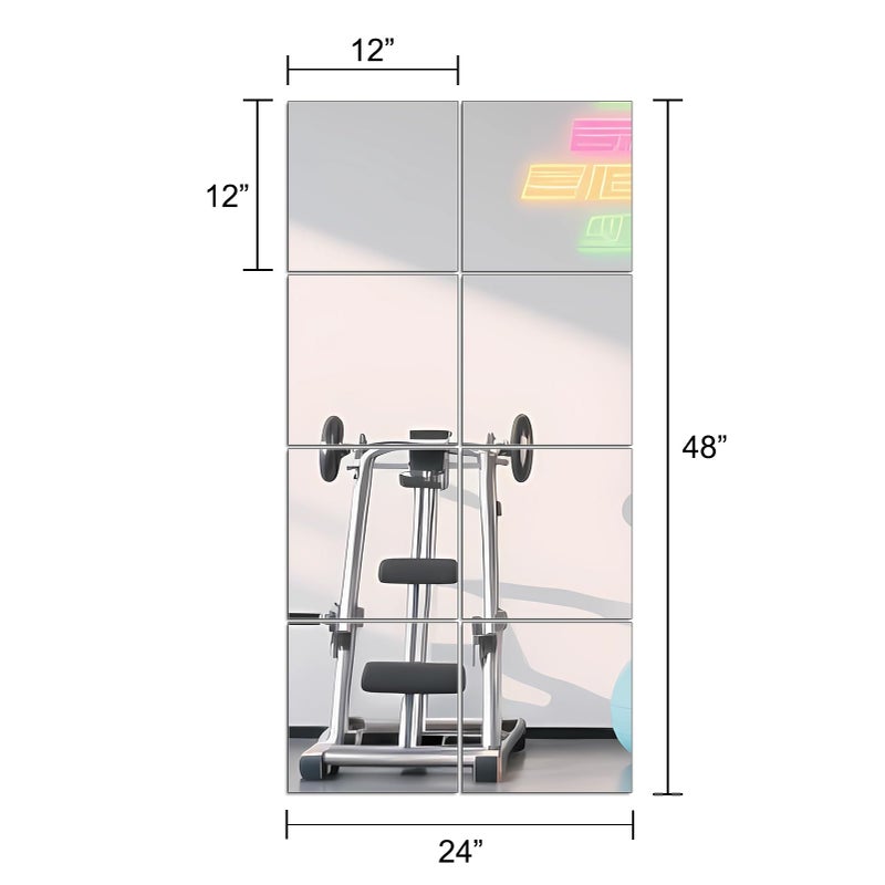 Ruomeng Full Length Mirror Tiles - 12 Inch x 8Pcs Frameless Wall Mirror Full Body Mirror for Home Gym Vanity Bedroom, Living Room - Image 2
