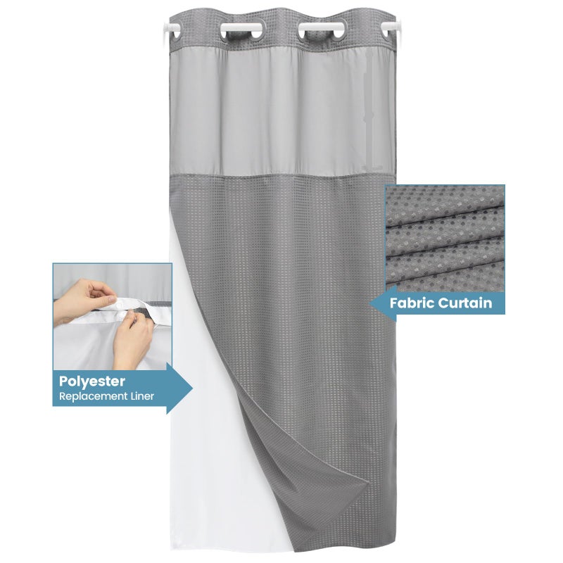 EUTXL Stall No Hook Shower Curtain with Snap in Liner 230GSM Waffle Weave Shower Curtains for Bathroom 36W x 74H Grey - Image 4