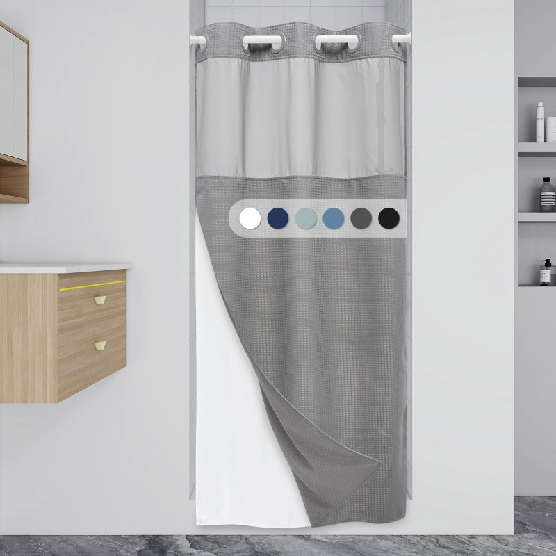 EUTXL Stall No Hook Shower Curtain with Snap in Liner 230GSM Waffle Weave Shower Curtains for Bathroom 36W x 74H Grey - Image 1
