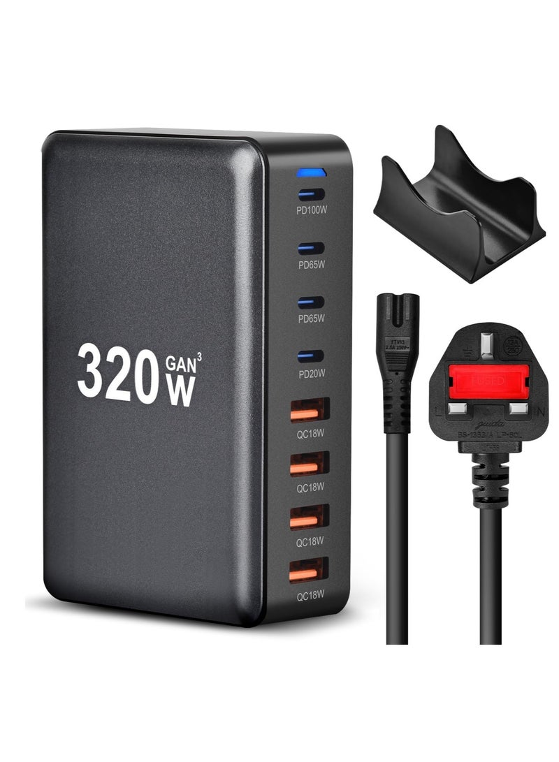 Terabyte 320W USB-C Charger, 8-Port Fast Charging Station, Type-C Hub, PD 100W, 65W, 20W Laptop Adapter - Image 1