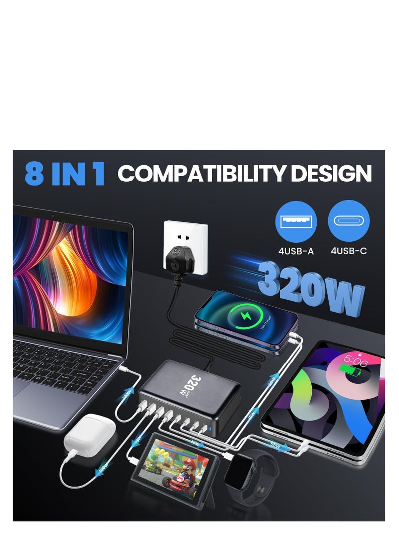 Terabyte 320W USB-C Charger, 8-Port Fast Charging Station, Type-C Hub, PD 100W, 65W, 20W Laptop Adapter - Image 2