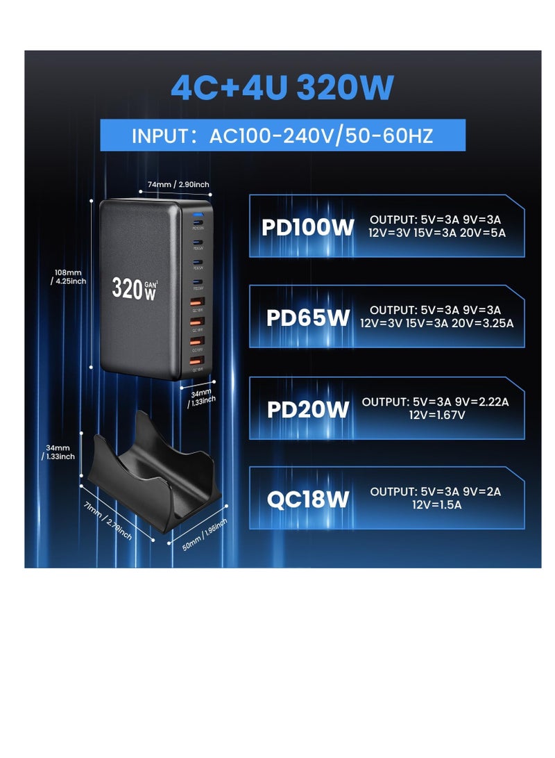 Terabyte 320W USB-C Charger, 8-Port Fast Charging Station, Type-C Hub, PD 100W, 65W, 20W Laptop Adapter - Image 3