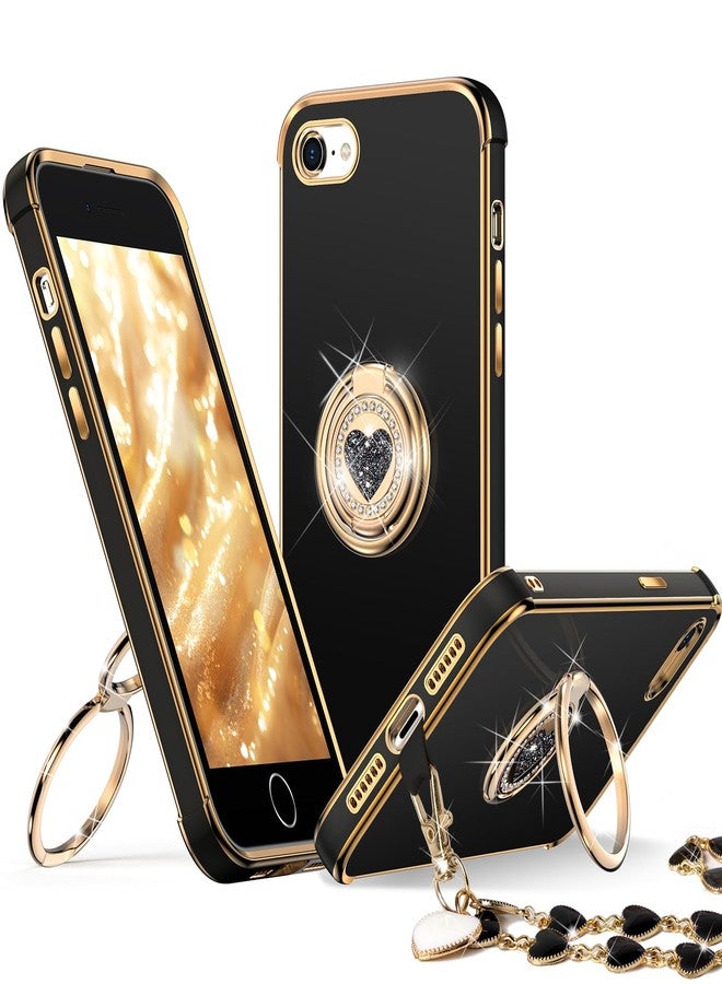 XYZ جراب XYZ لهاتف iPhone SE 2022 [الجيل الثالث]، SE 2020 [الجيل الثاني]، جراب هاتف iPhone 8/7 مع حامل حلقي مزدوج، جراب واقٍ فاخر بلينغ على شكل قلب لطيف للنساء والفتيات لهاتف iPhone 7/8/SE، أسود - Image 1