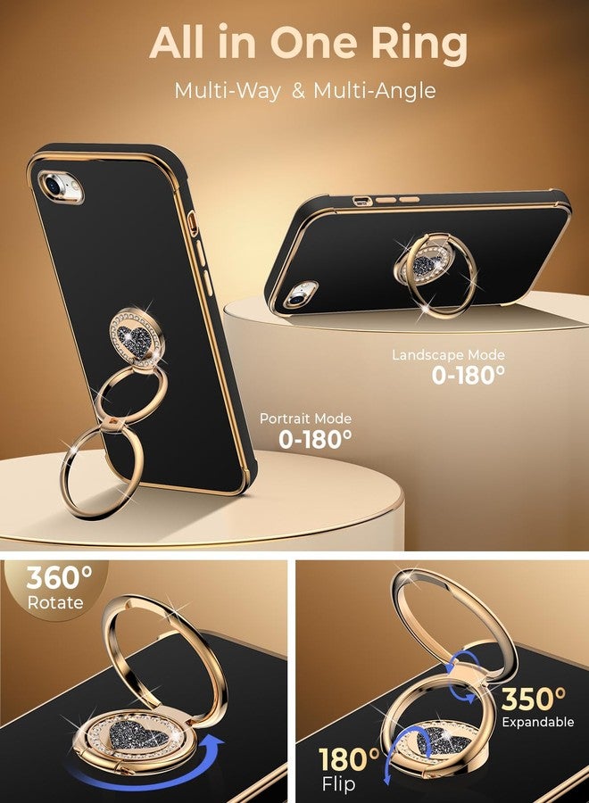 XYZ جراب XYZ لهاتف iPhone SE 2022 [الجيل الثالث]، SE 2020 [الجيل الثاني]، جراب هاتف iPhone 8/7 مع حامل حلقي مزدوج، جراب واقٍ فاخر بلينغ على شكل قلب لطيف للنساء والفتيات لهاتف iPhone 7/8/SE، أسود - Image 3