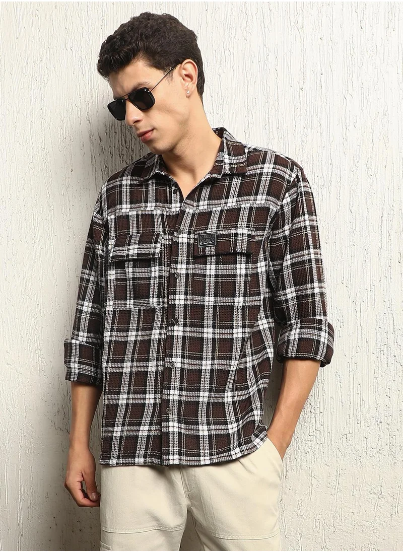 هوبرهولمي Oversized Check Pattern Cotton Blended Spread Collar Button Closure Waffle Full Sleeve Shirt for Men