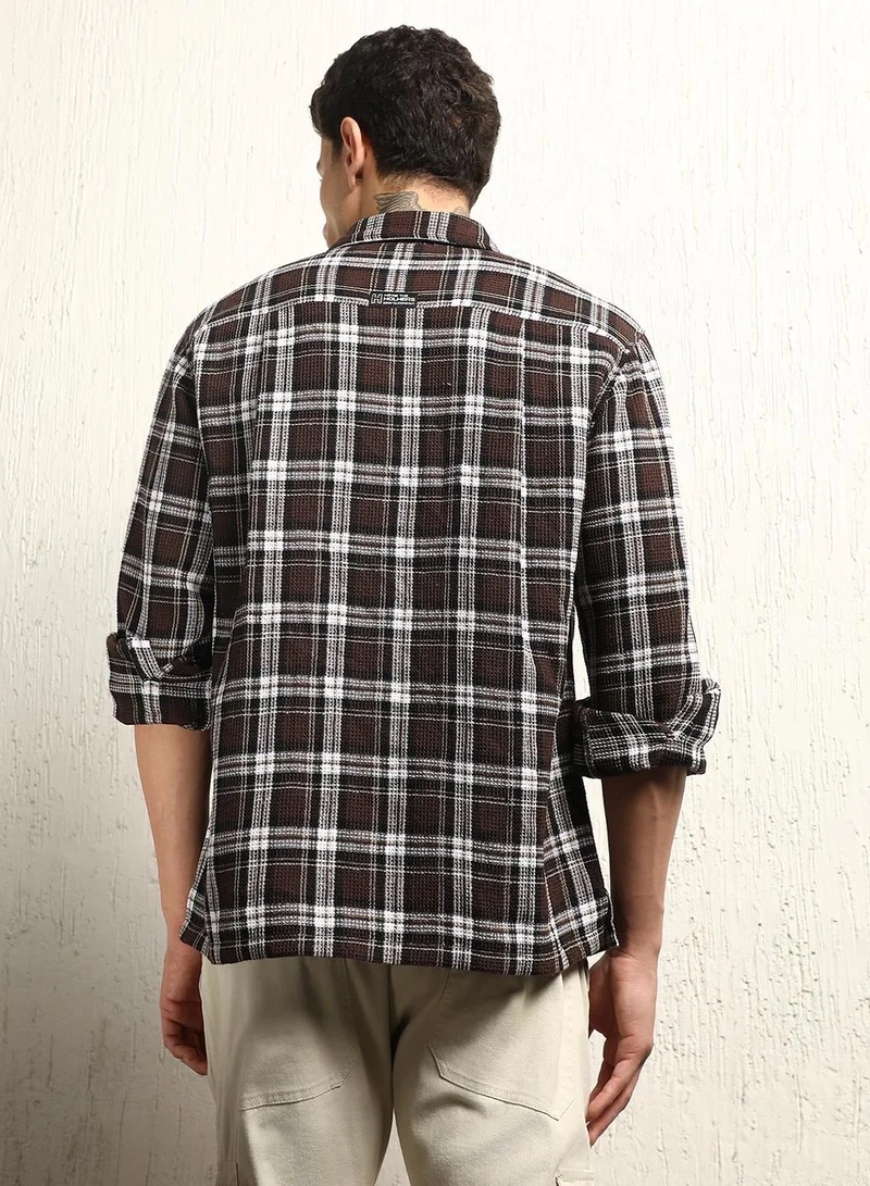 Hubberholme Oversized Check Pattern Cotton Blended Spread Collar Button Closure Waffle Full Sleeve Shirt for Men