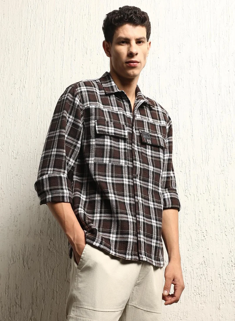 Hubberholme Oversized Check Pattern Cotton Blended Spread Collar Button Closure Waffle Full Sleeve Shirt for Men
