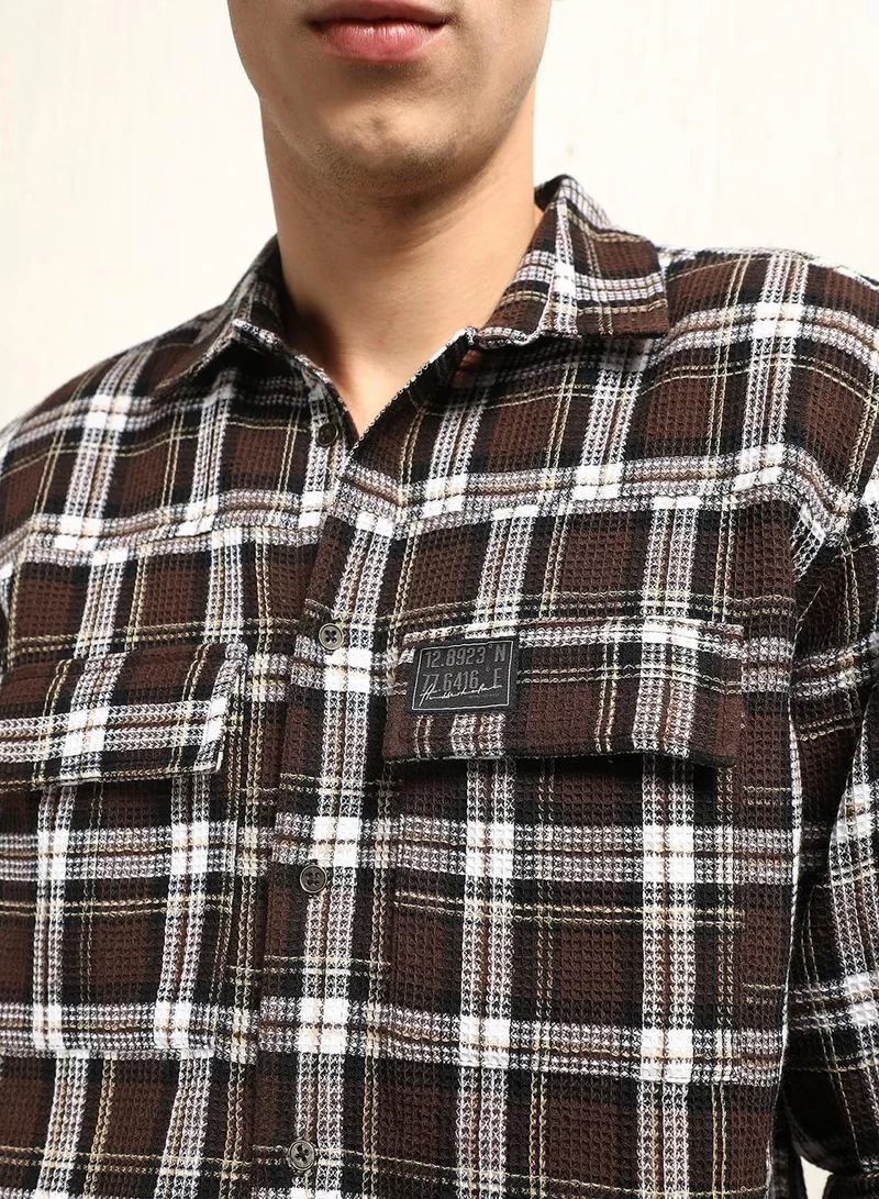 Hubberholme Oversized Check Pattern Cotton Blended Spread Collar Button Closure Waffle Full Sleeve Shirt for Men