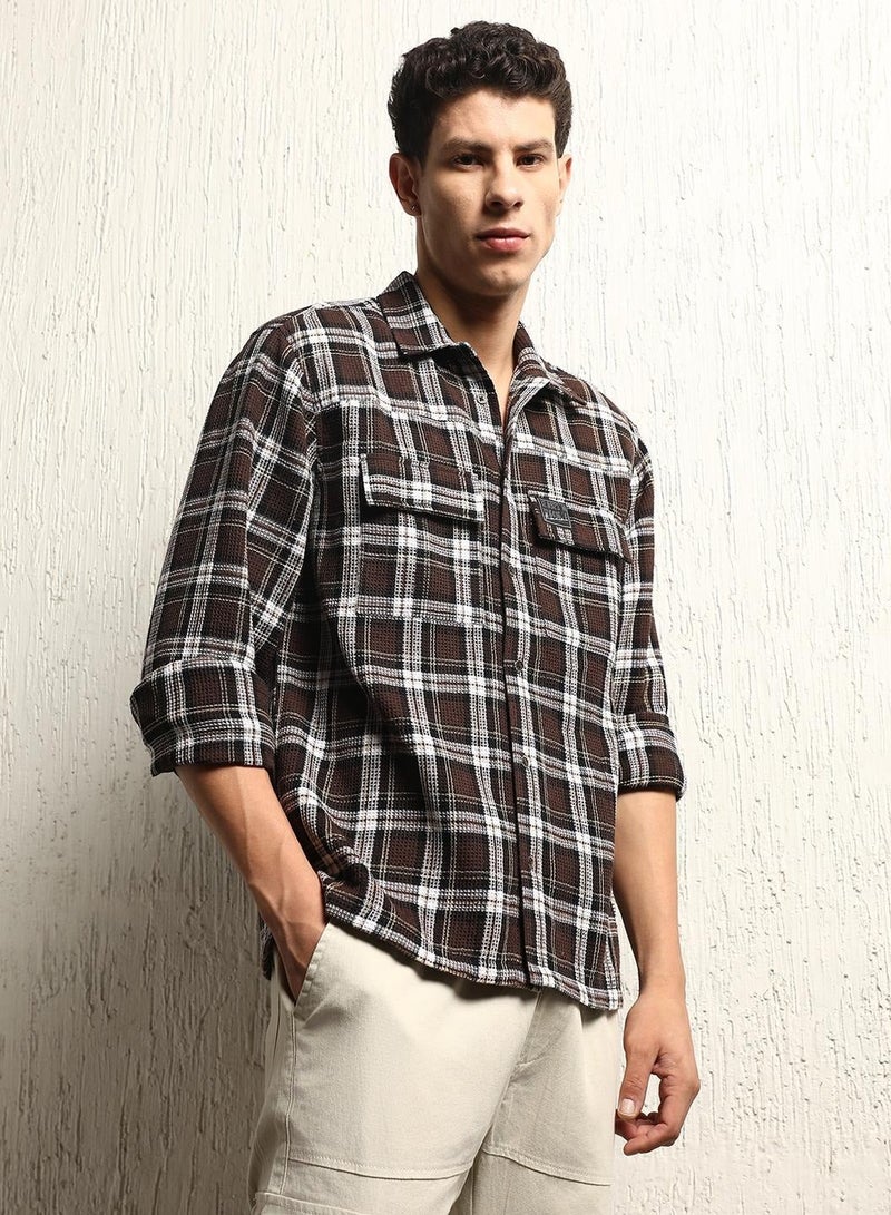 Hubberholme Oversized Check Pattern Cotton Blended Spread Collar Button Closure Waffle Full Sleeve Shirt for Men - Image 5