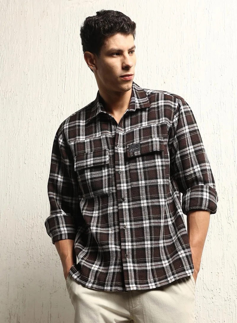 Hubberholme Oversized Check Pattern Cotton Blended Spread Collar Button Closure Waffle Full Sleeve Shirt for Men