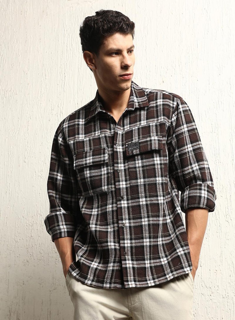 Hubberholme Oversized Check Pattern Cotton Blended Spread Collar Button Closure Waffle Full Sleeve Shirt for Men - Image 2