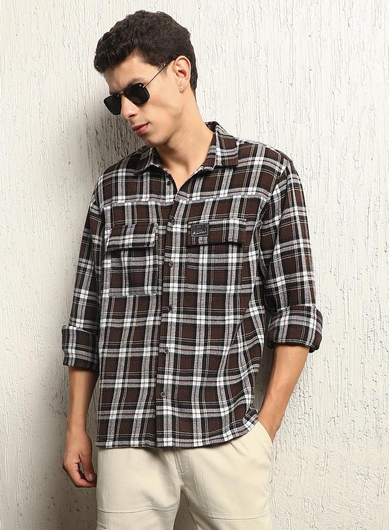 Hubberholme Oversized Check Pattern Cotton Blended Spread Collar Button Closure Waffle Full Sleeve Shirt for Men - Image 1
