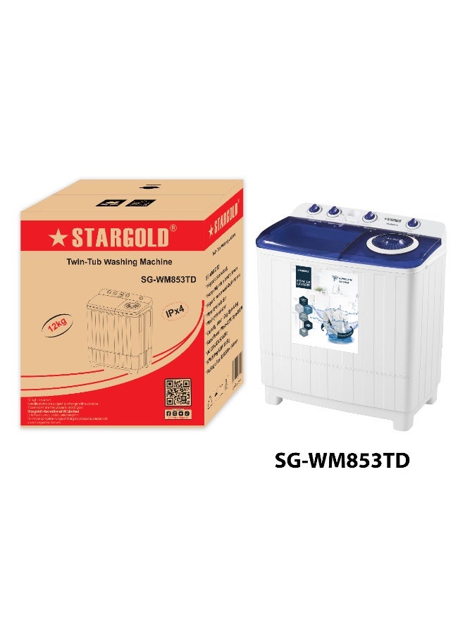 STARGOLD, 12kg Twin-Tub Washing Machine Semi-Automatic Washer Spin Dryer Portable Laundry Machine IPX4 Heavy Duty, SG-WM853TD - Image 2