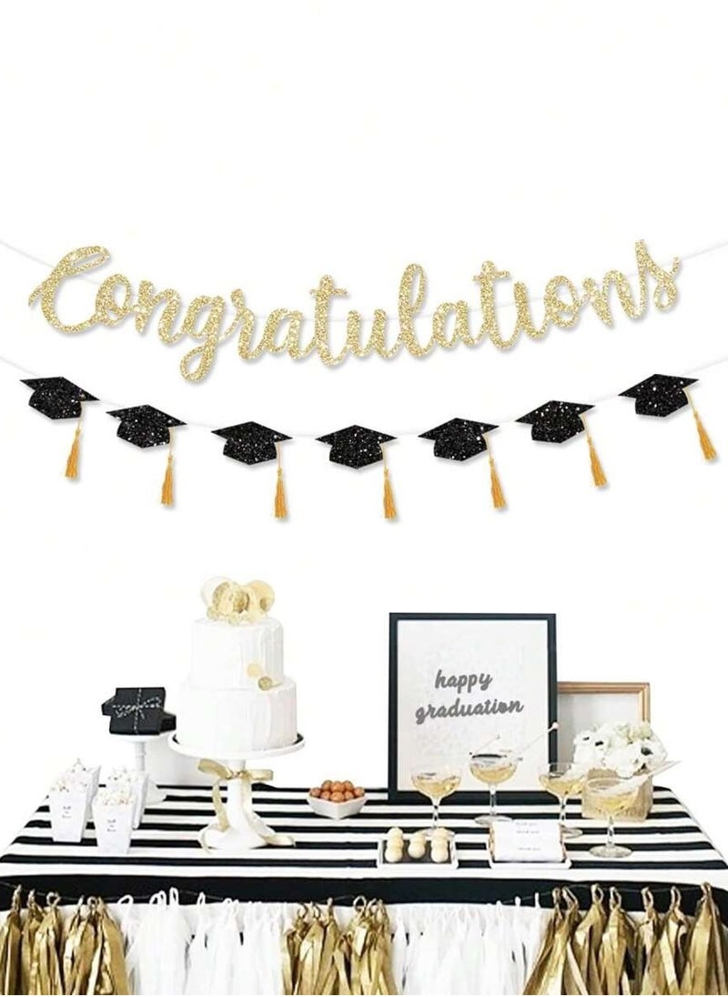 Generic - Graduation Decoration Banner A ribbon banner featuring the phrase "Congratulations" in gold with graduation caps — perfect for adding a special touch to your graduation celebration. - Image 1