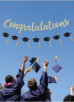 Graduation Decoration Banner A ribbon banner featuring the phrase "Congratulations" in gold with graduation caps — perfect for adding a special touch to your graduation celebration.