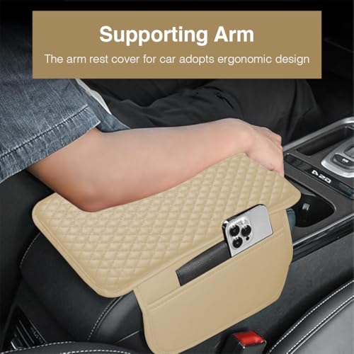 Lyrovo PU Leather Car Armrest Cushion Pad With Side Pockets, Universal Fit for All Car (Beige) - Image 3