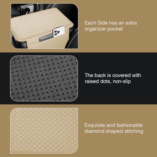 Lyrovo PU Leather Car Armrest Cushion Pad With Side Pockets, Universal Fit for All Car (Beige) - Image 4