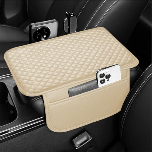 Lyrovo PU Leather Car Armrest Cushion Pad With Side Pockets, Universal Fit for All Car (Beige) - Image 1