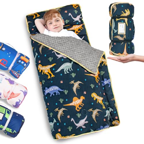 PRIMLECT Primlect Toddler Nap Mat with Pillow and Blanket Extra Large 55x35 Sleeping Bag Washable Light Easy to Roll up Perfect for Daycare Preschool Kindergarten Travel Boys and Girls Dinosaur 