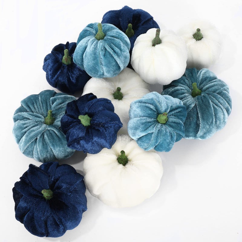 Whaline 12Pcs Fall Velvet Pumpkin Blue White Artificial Pumpkins 2 Sizes Fake Fabric Pumpkin Autumn Table Centerpiece for Thanksgiving Halloween Party Mantel Farmhouse Decor