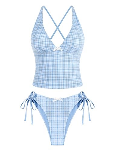 ZAFUL Women's Tankini Set V Neck Tummy Control Floral Printed Tie Side Thong Bikini Swimsuits 2 Piece Bathing Suits - Image 1