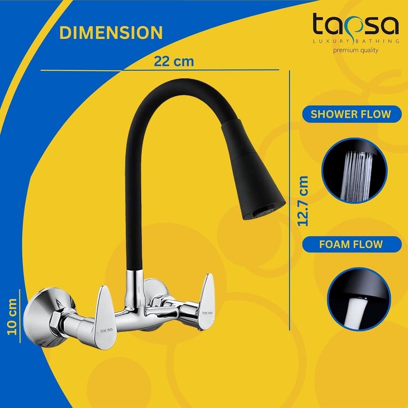 TAPSA LUXURY BATHING خلاط حوض تابس فينيت من النحاس لخلاط المطبخ خلاط حوض المطبخ صنبور المطبخ مع فوهة مرنة ذات تدفق مزدوج للماء الساخن والبارد عبوة من 1 للمطبخ أو الحمام تشطيب كروم لخلاط الحوض مثبت على الحائط - Image 3