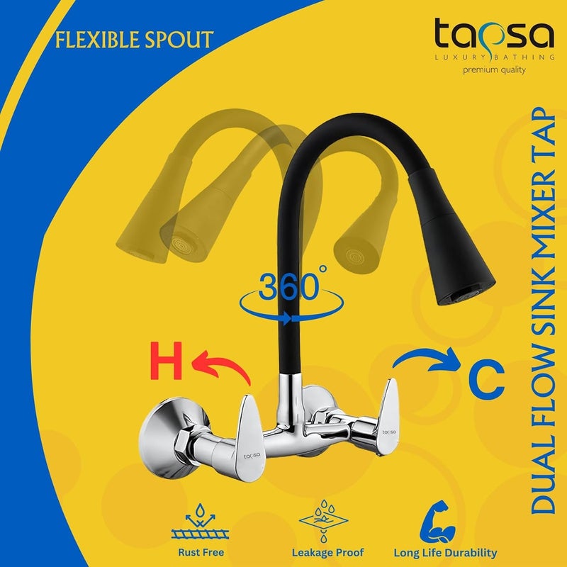 TAPSA LUXURY BATHING خلاط حوض تابس فينيت من النحاس لخلاط المطبخ خلاط حوض المطبخ صنبور المطبخ مع فوهة مرنة ذات تدفق مزدوج للماء الساخن والبارد عبوة من 1 للمطبخ أو الحمام تشطيب كروم لخلاط الحوض مثبت على الحائط - Image 4