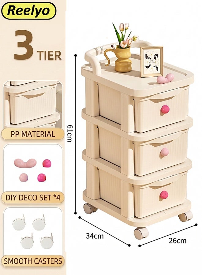 Reelyo 3-Tier Cart Storage Rack Rolling Utility Cart with Drawer Multifunctional Storage Organizer with Plastic Shelf Storage Cart with Wheels for Kitchen, Bathroom, Living Room, Office, Cream Beige - Image 1