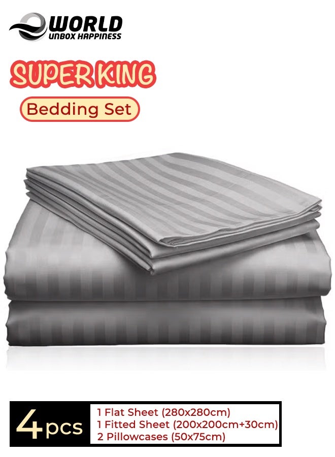 Eworld 4-Piece Luxury Super King Grey Striped Bedding Set (Flat Sheet 280×280 cm, Fitted Sheet 200×200+30 cm, 2 Pillowcases 50×75 cm) – Premium Microfiber, Hotel-Style Comfort - Image 1