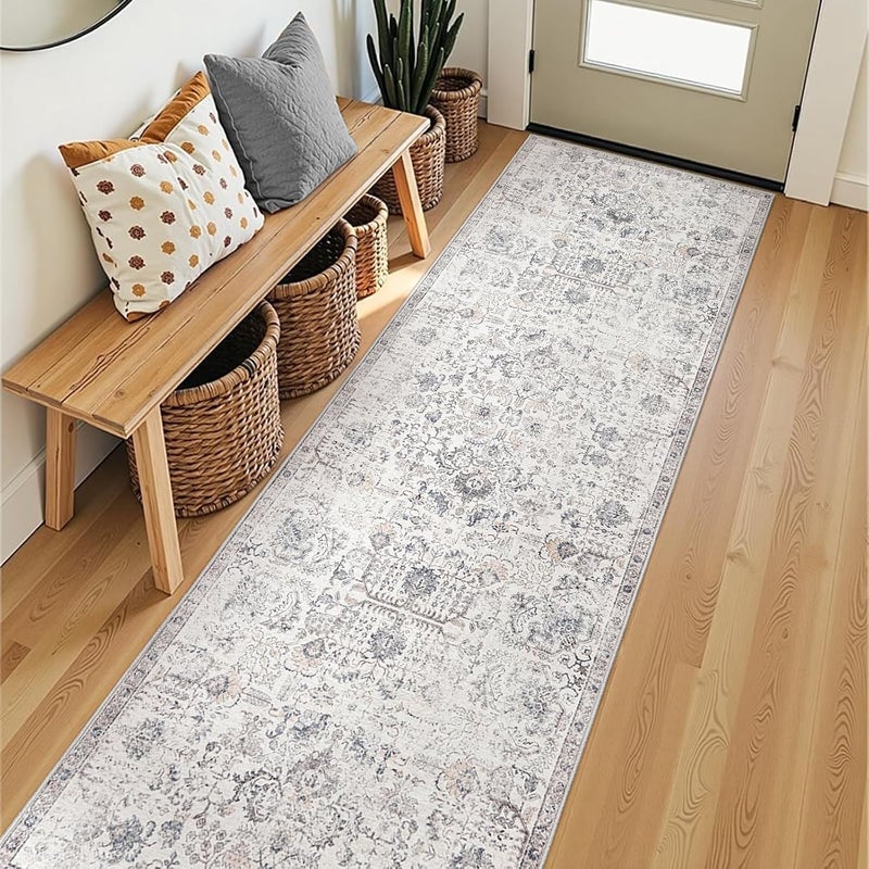 jinchan Runner Rug Washable Carpet Vintage Hallway Indoor Floor Mat Thin Rug Retro Distressed Carpet Floral Print Rug Non Slip Bathroom Kitchen Bedroom Living Room(Grey Multi,244x61CM) - Image 2