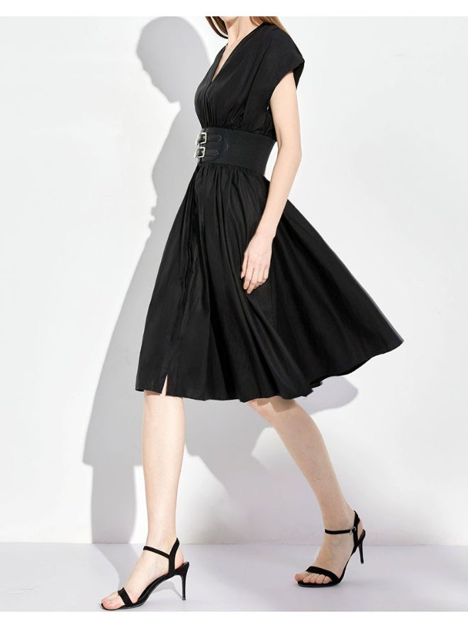 Madam Uniq V-Neck Audrey Hepburn Style Sleeveless High-Waisted Slim Black Midi Dress  - Image 3