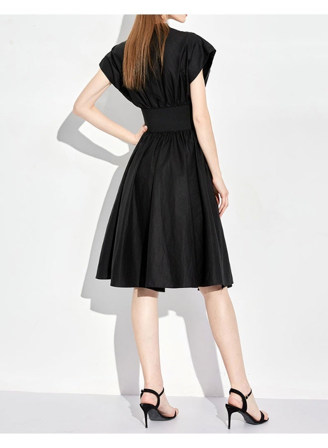 Madam Uniq V-Neck Audrey Hepburn Style Sleeveless High-Waisted Slim Black Midi Dress  - Image 2