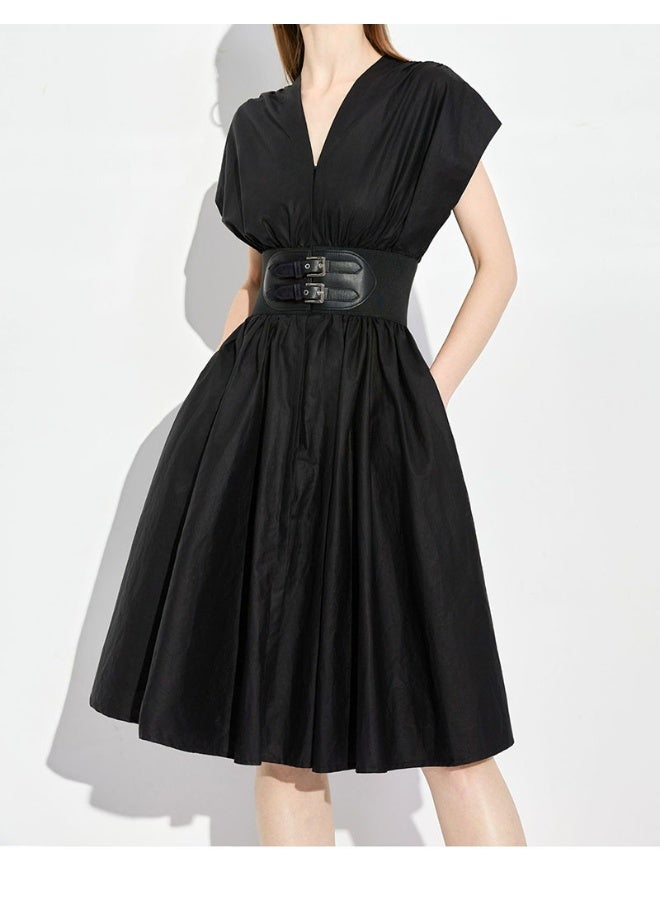 Madam Uniq V-Neck Audrey Hepburn Style Sleeveless High-Waisted Slim Black Midi Dress  - Image 4