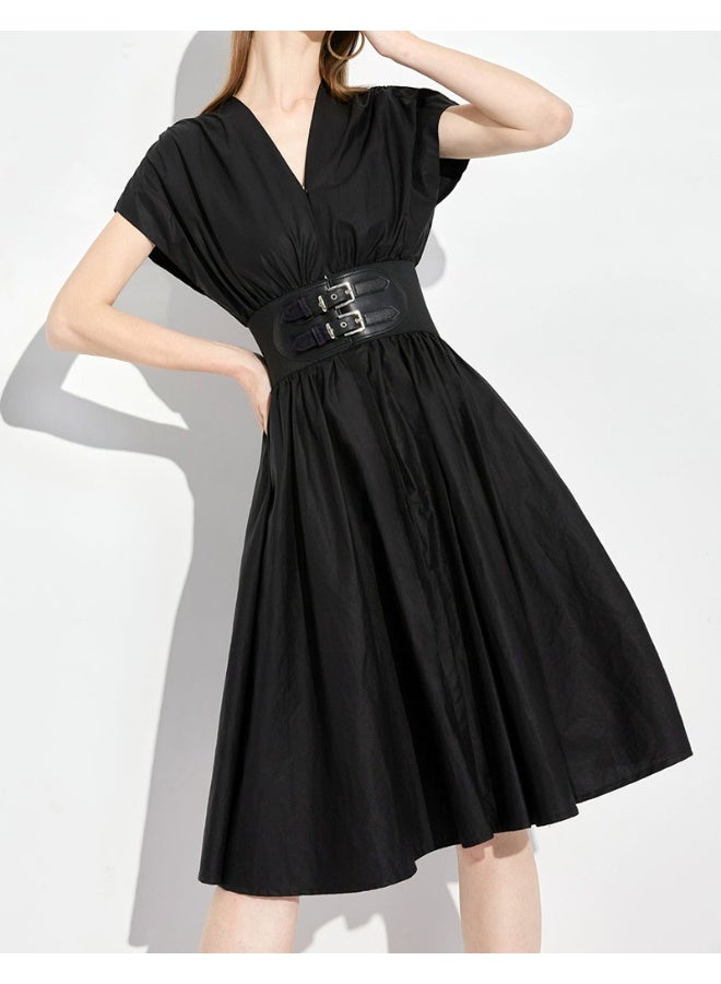 Madam Uniq V-Neck Audrey Hepburn Style Sleeveless High-Waisted Slim Black Midi Dress  - Image 5