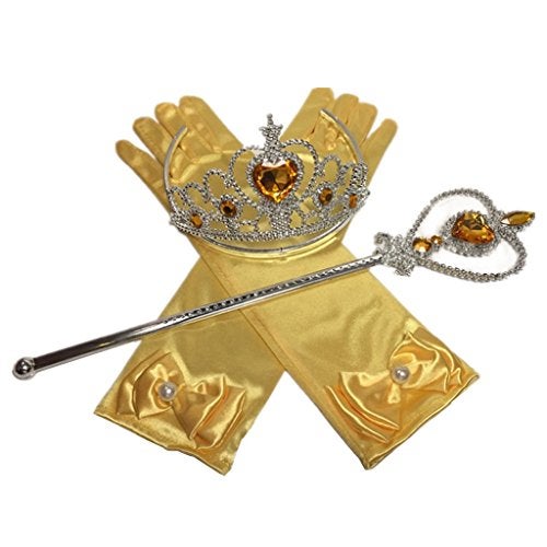 DreamHigh Princess Cosplay Dress up Accessorries Grils Costume Crown, Wand, Gloves valued Pack (Yellow) - Image 1