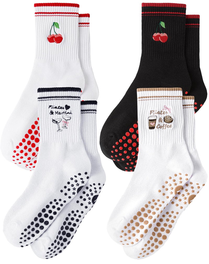 Yawlsow Pilates Grip Socks for Women Yoga Grippy Socks Cute Barre Non Skid Athletic Crew Sticky Sock Workout Hospital US Alpha One Size Regular Regular RedBrownBlackBlack - Image 2