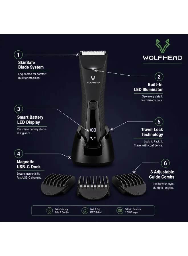 Wolfhead Wolfhead Dual Head Body Ball Pubic Hair Trimmer For Men Manscaping Closest Shave No Nicks Ipx7 Waterproof Led Spotlight Usb-C 150 Min Run-Time