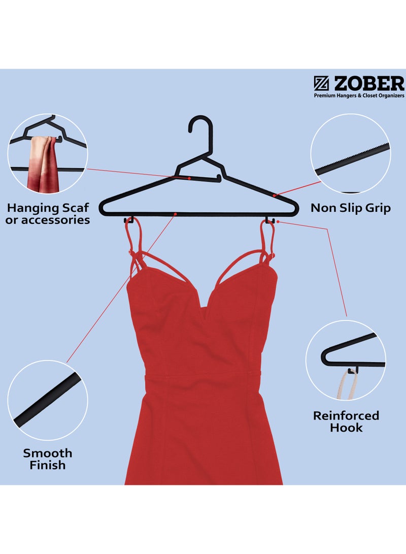 ZOBER Heavy Plastic Hangers with Strap Hooks, Non slip, Durable & Slim, Light-Weight Clothes Hangers For Coats, Jackets & Pants, Shirts, Dresses Hangs upto 10lbs (BLACK, 50 PACK) - Image 2